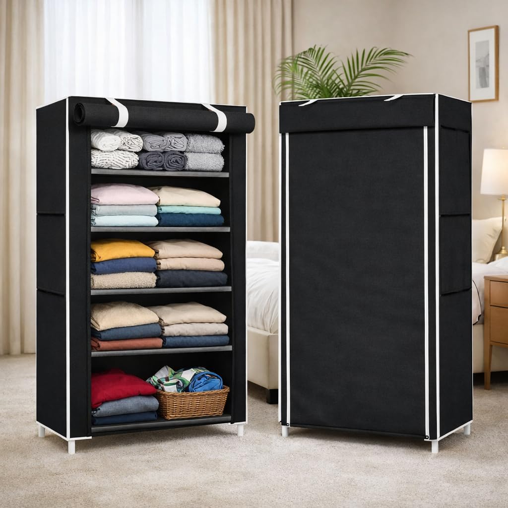Collapsible Wardrobe Cabinet 6 Rack (Black) | 6 Shelves Baby Foldable Wardrobe | Non-Woven Fabric Shelves | Black-image-11