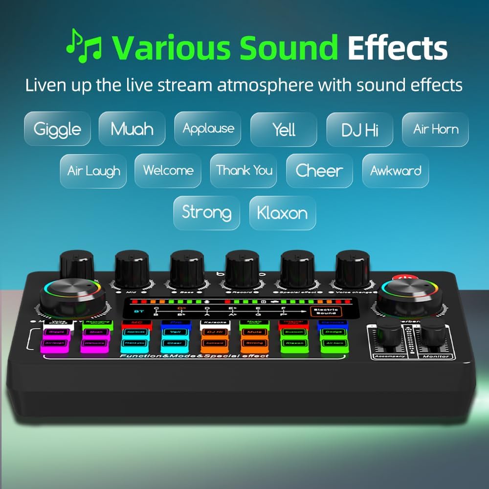The bonkyo F999X sound card displaying various special effect buttons like Giggle, Muah, Applause, Yell, DJ Hi, Air Horn, etc.