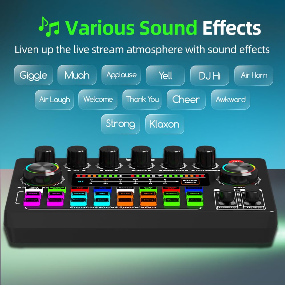 F999X Carte son en direct, mixeur audio professionnel et réduction du bruit, réglage électronique de la musique et affichage de la batterie, interface audio et changeur de voix, effets RVB, mixeur DJ