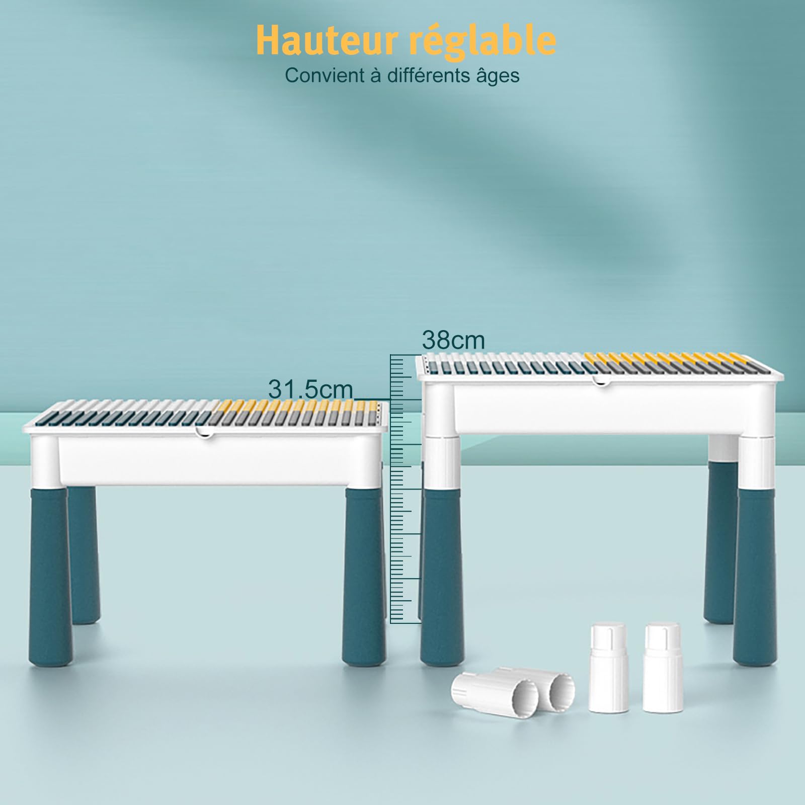 Table de Construction Multifonctionnel pour Enfant avec Chaise pour Bébé, Hauteur Réglable, Plateau Double Face, Table de Jeu et d'Études (avec 300 Blocs de Construction)