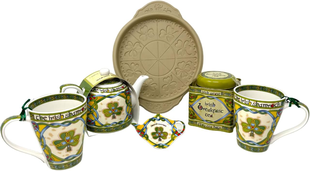 Ceramic Set of 6 Shamrock Shortbread Pan - 2 Mugs Tea, Bag Holder Teapot and Breakfast Tea 50 Bags Kitchen Teatime Hot Drinks Backing Supplies Gift Birthday Present