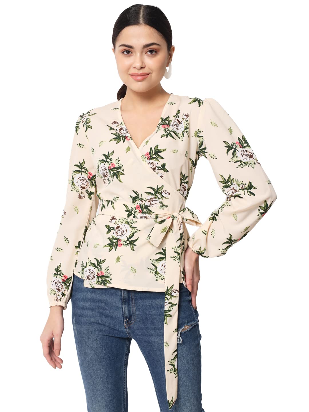 Istyle CanSurplice Neck Belted Bishop Sleeve Top (X-Large, Cream)