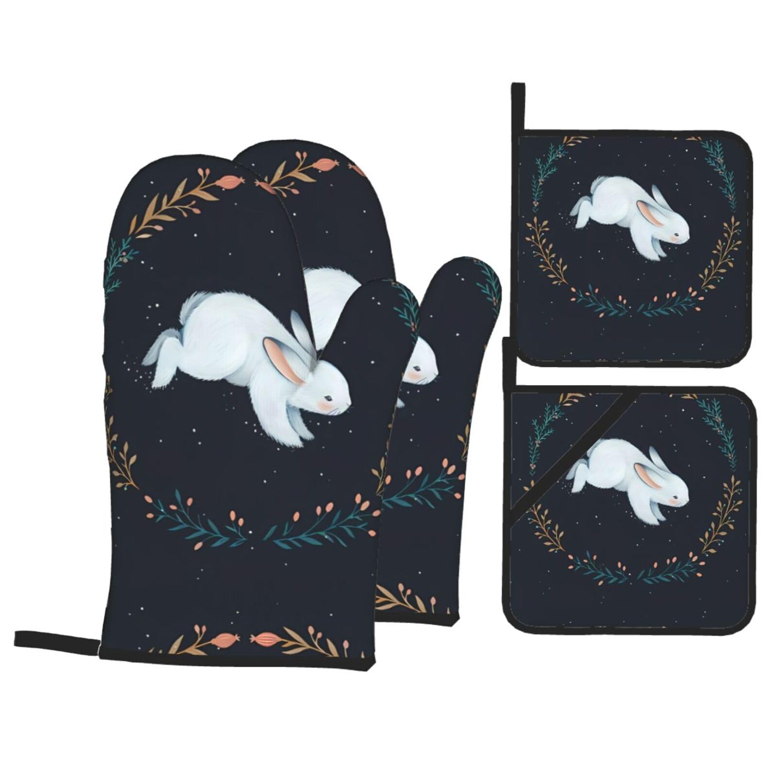 WHJSHOP Cute White Rabbit Prints Oven Mitts & Pot Holders Set - Waterproof Kitchen Layers & Heat Resistant - Durable Covers for Safe Cooking & Easy Cleanup