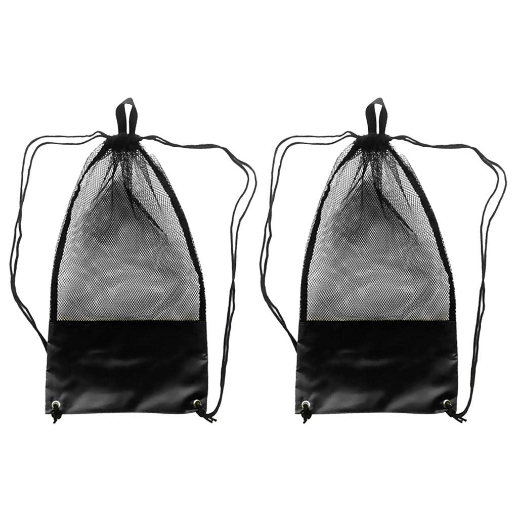 COMBR 2 Pieces Black Mesh Drawstring Gear Carry Bag & Shoulder Strap for Scuba Diving Snorkeling Swimming Fins Flippers Goggles Mask Tube