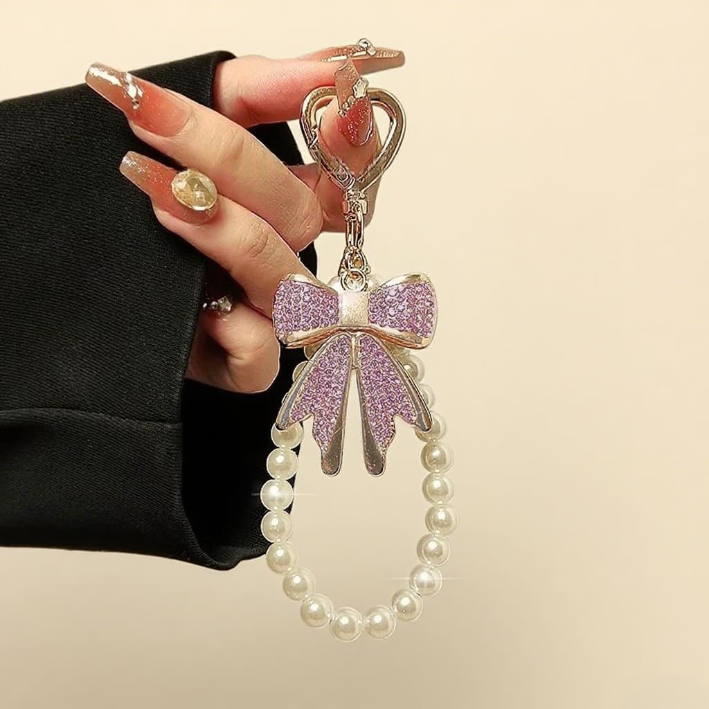 2 Pcs Sparkly Bow Purse Charm White Rhinestone Imitation Pearl Keychain Bag Charms for Handbags Backpacks Accessories image 5