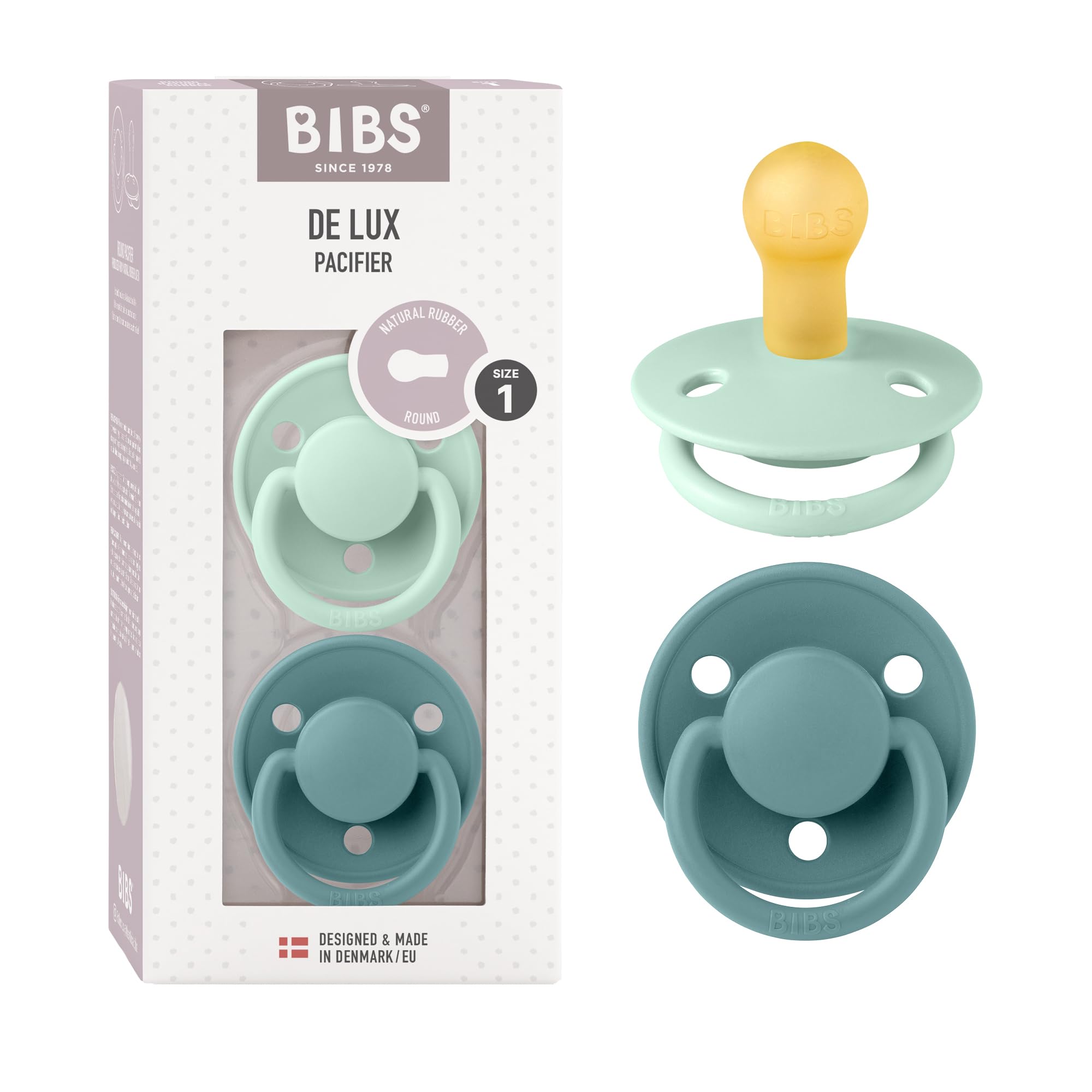 BIBS De Lux Dummies 2-Pack, BPA Free Dummy Pacifier, Round Nipple. Natural Rubber Latex, Size 1 (0-6 Months), Ivory/Sage — view 13