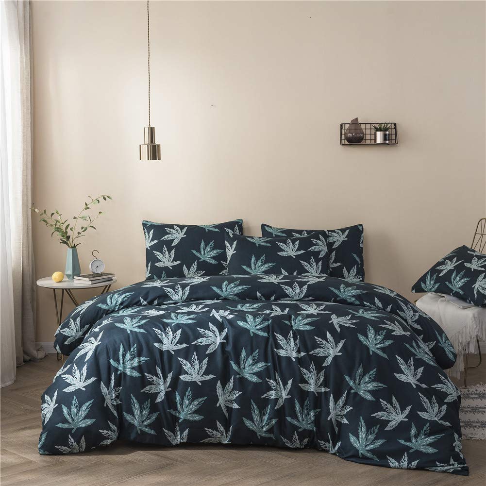 Weed Decor Comforter Cover Set Queen Size for Adult Women Boys Teal Marijuana Weed Leaf Printed Bedding Set Gothic Nature Plant Pattern Duvet Cover Cannabis Leaves Soft Microfiber Quilt Cover, Zipper