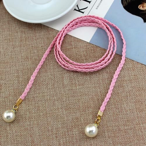 Braided Woven Tassels Chain Belt Women's Waist Belt PU Leather Rope Belt with Pearl, Boho Fringe Belt for Dress, Pink3