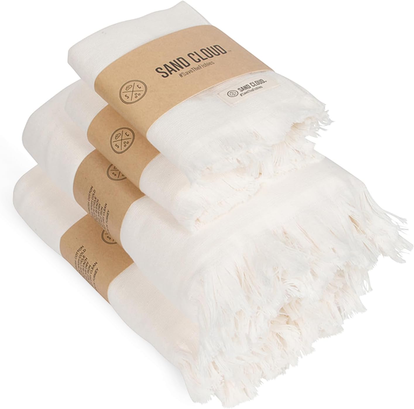 Sand Cloud Turkish Bath Towels Bundle for Bathroom, Set of 4 (Terra Ivory) - Large Size - 100% Certified Organic Cotton Yarn is Lightweight, Soft & Absorbent - Premium Bath & Hand Towels Dry Faster