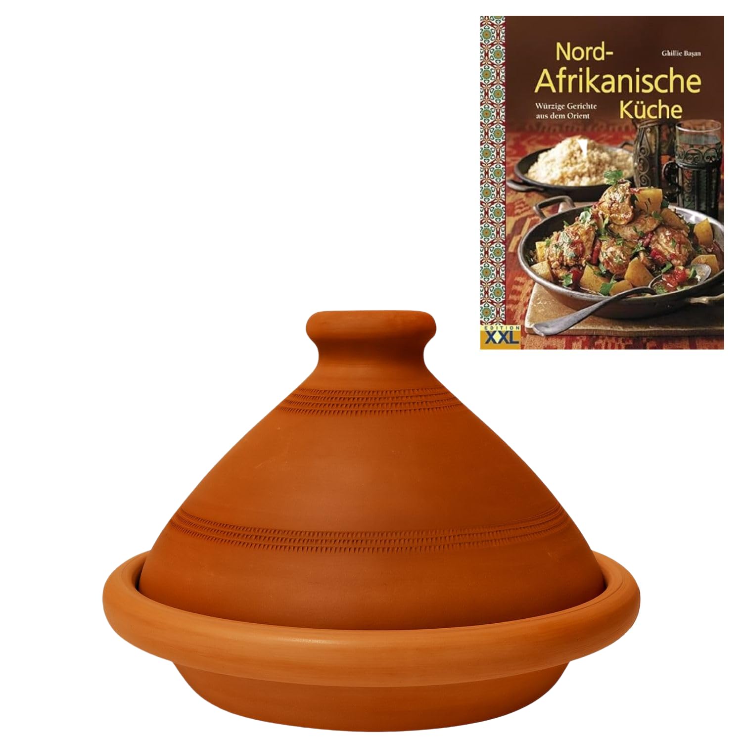 Plat à tajine artisanal Ø 30 cm + livre de recettes (français non garanti)