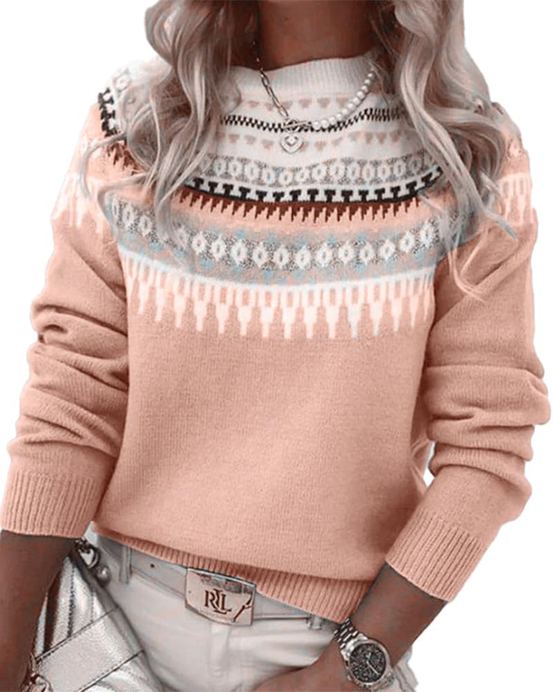 Womens Fair Isle Sweaters Vintage Argyle Iceland Norway Sweater Colorful Crew Neck Long Sleeve Pullover Jumper Tops