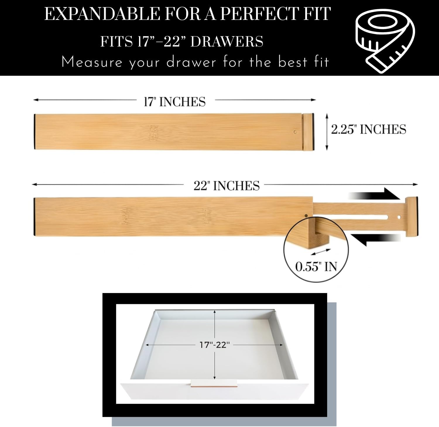 Expandable Bamboo Drawer Dividers 8 pack with labels(17"-22") Drawer Organizer for Kitchen, Clothes,Utensils,Silverware,Dresser,Office,Desk