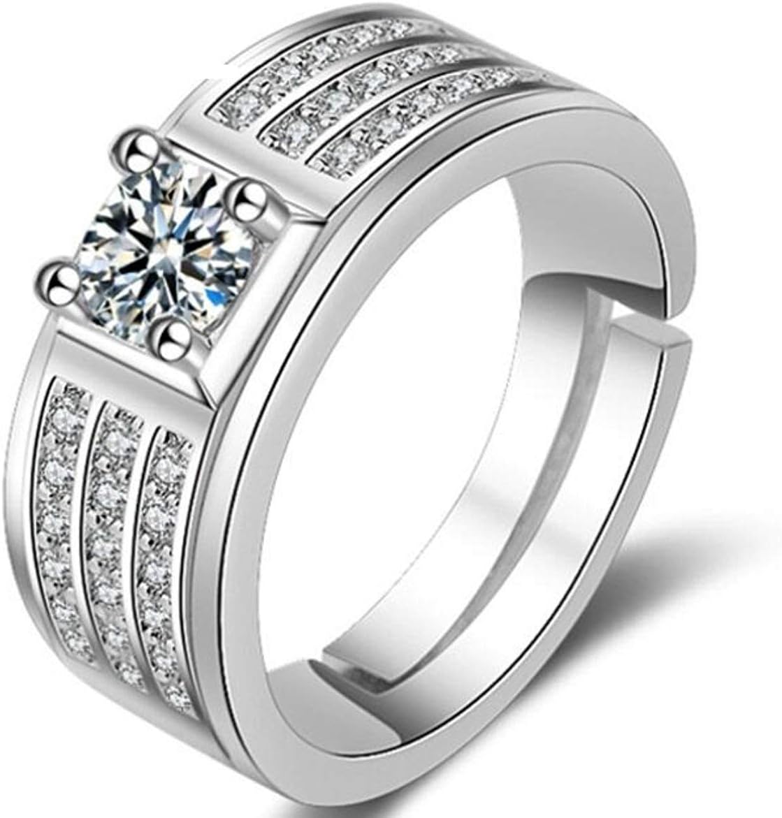 I Jewels 18k Silver Plated High Polish Engagement Elegant Classy Cut & Round CZ Crystal Adjustable Ring for Men (FL164)
