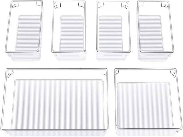 InnoGear Makeup Drawer Organiser 6 Packs Desk Drawer Organisers Fridge Trays Organizer with 3-Size Clear Plastic Storage Boxes Divider for Kitchen Bathroom Office Stationery