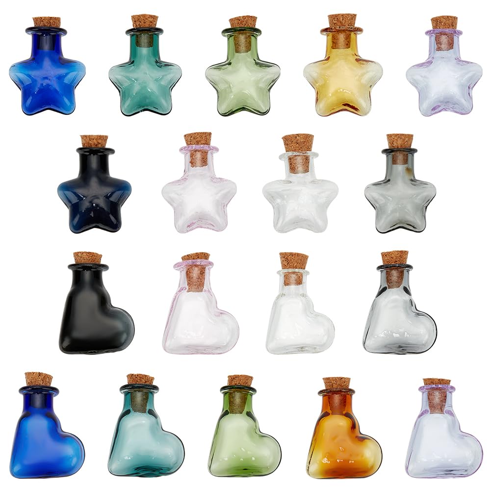 BENECREAT18 Pack 9 Colors Mini Potion Bottle, Star & Heart Cork Stoppers Glass Bottles Mini Potion Bottle Wishing Drifting Bottles for DIY Crafts, Wedding, Birthday, Party Favors