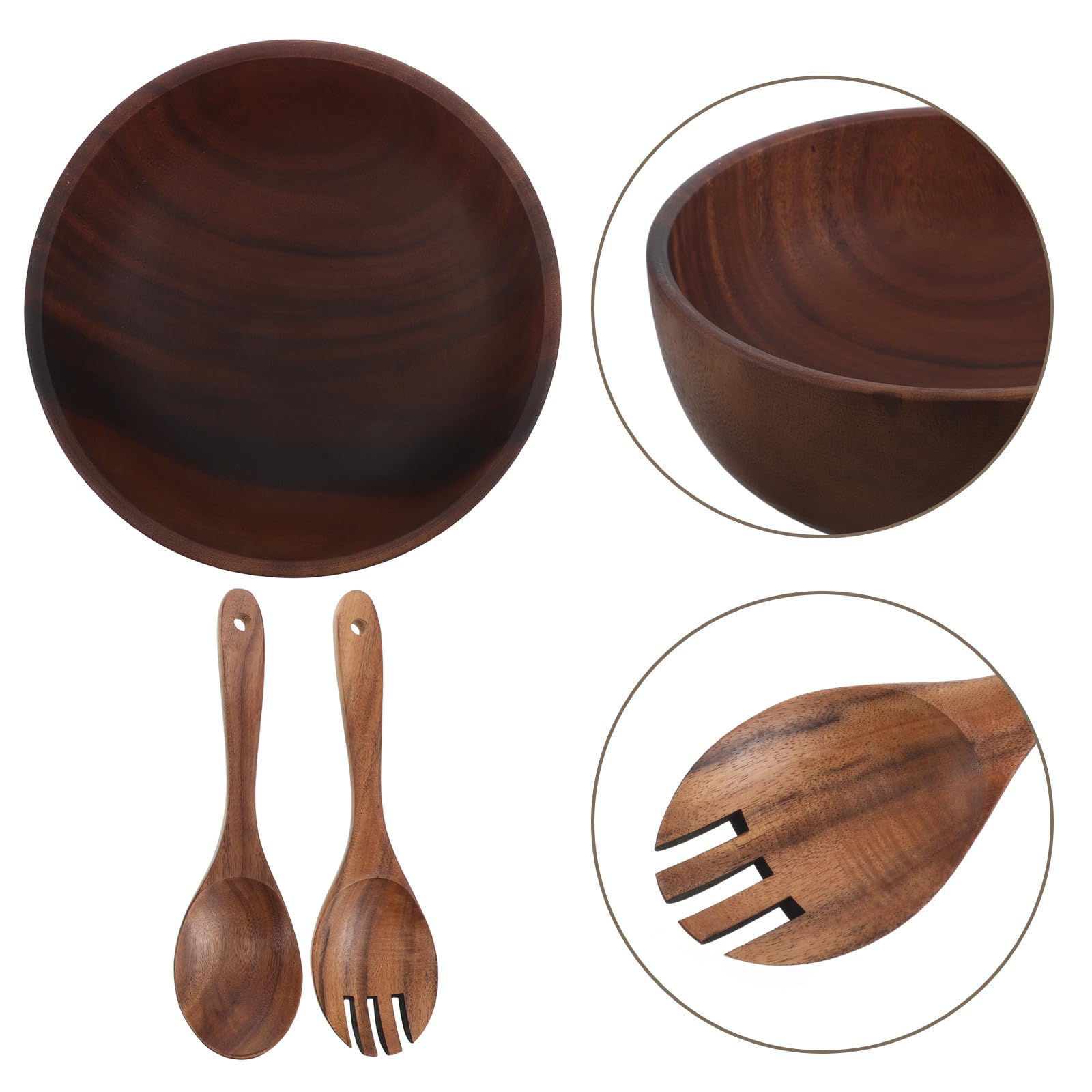 Juego de Cuencos de Madera para Ensalada Redondo 2, 5 L | Marrón, con Tenedor y Cuchara, Acabado Rústico, para Reuniones Familiares y Fiestas, Limpieza Sencilla