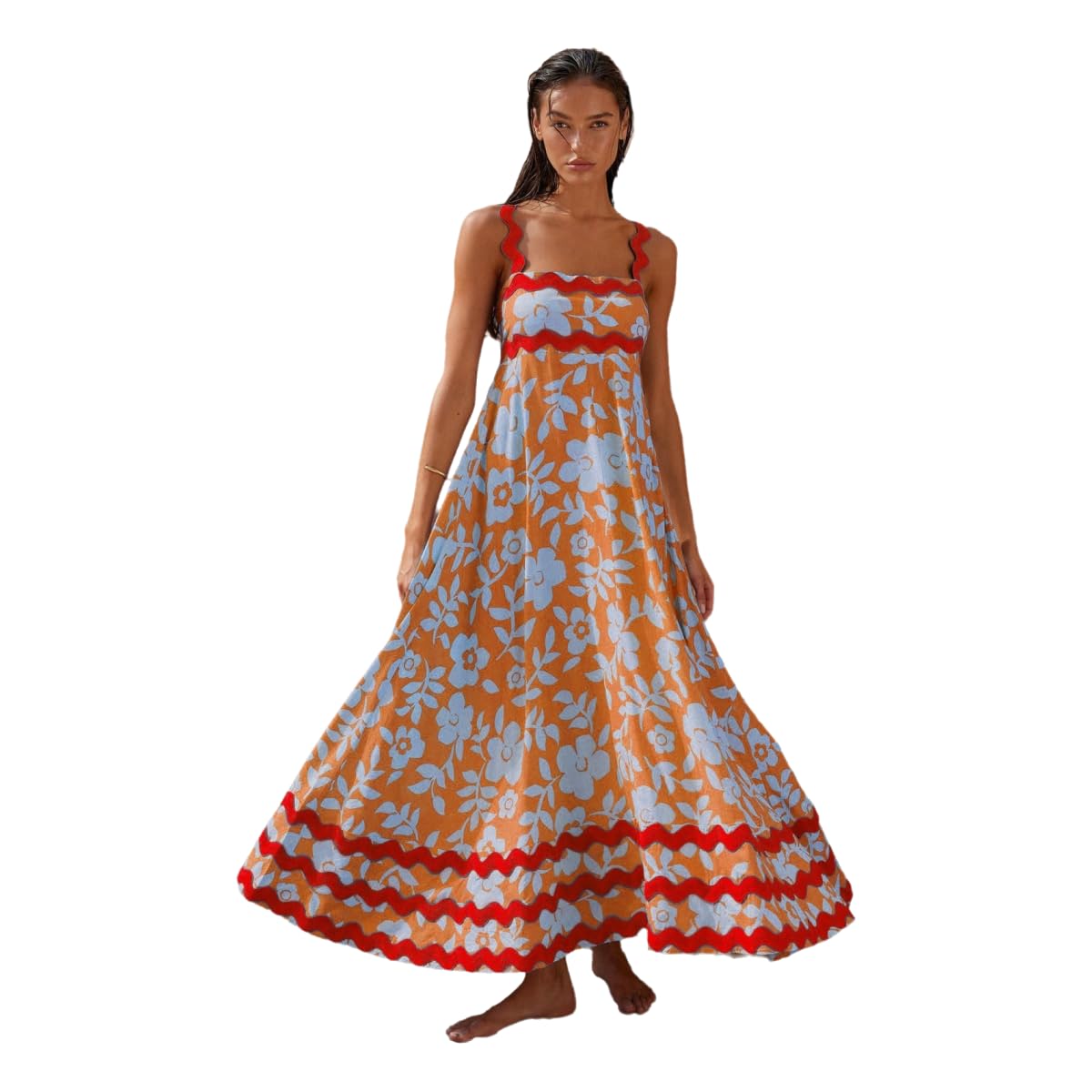 Robe Femme Boho Spaghetti pour Femmes Roule De Cou Couture Décontractée Flowy Swing Party Maxi Robe-Impression du Fond Orange-l