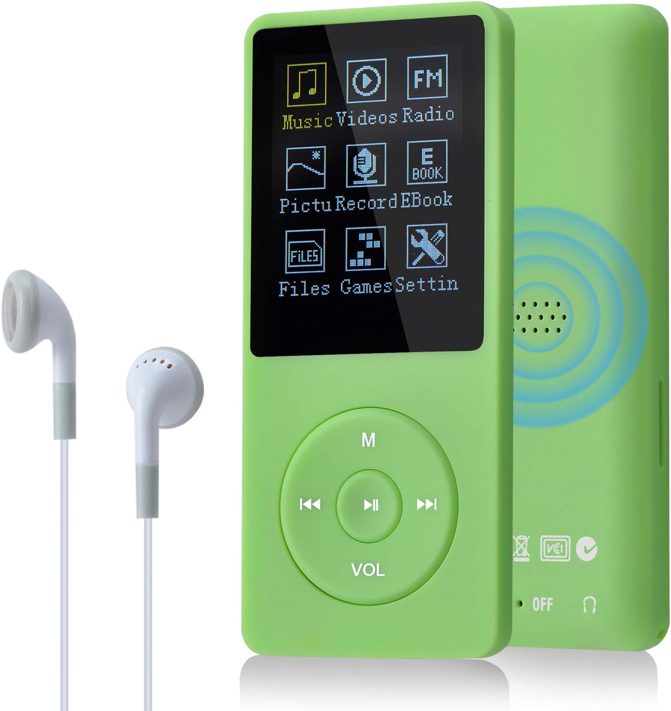 COVVY BL-041 MP3 Player with main menu displayed, showing icons for Music, Videos, Radio, E-Book, Pictures, Record, Files, Games, and Settings.
