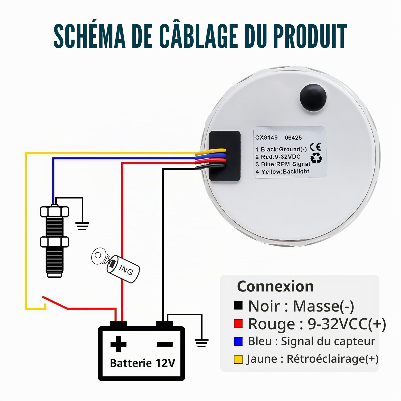 Compte-tours 85 mm 0-6000 tr/min étanche avec compteur d'heures de fonctionnement rétroéclairage 7 couleurs pour voiture, bateau, camion, moteur diesel et essence