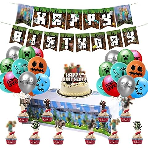 KIPIDA Birthday Decoration Balloon Set, Video Game Game Party Accessories, Miner Gamer Theme Party Decoration Includes Balloons, Cake Decorations, Happy Birthday Banner, Table Cloths Cover