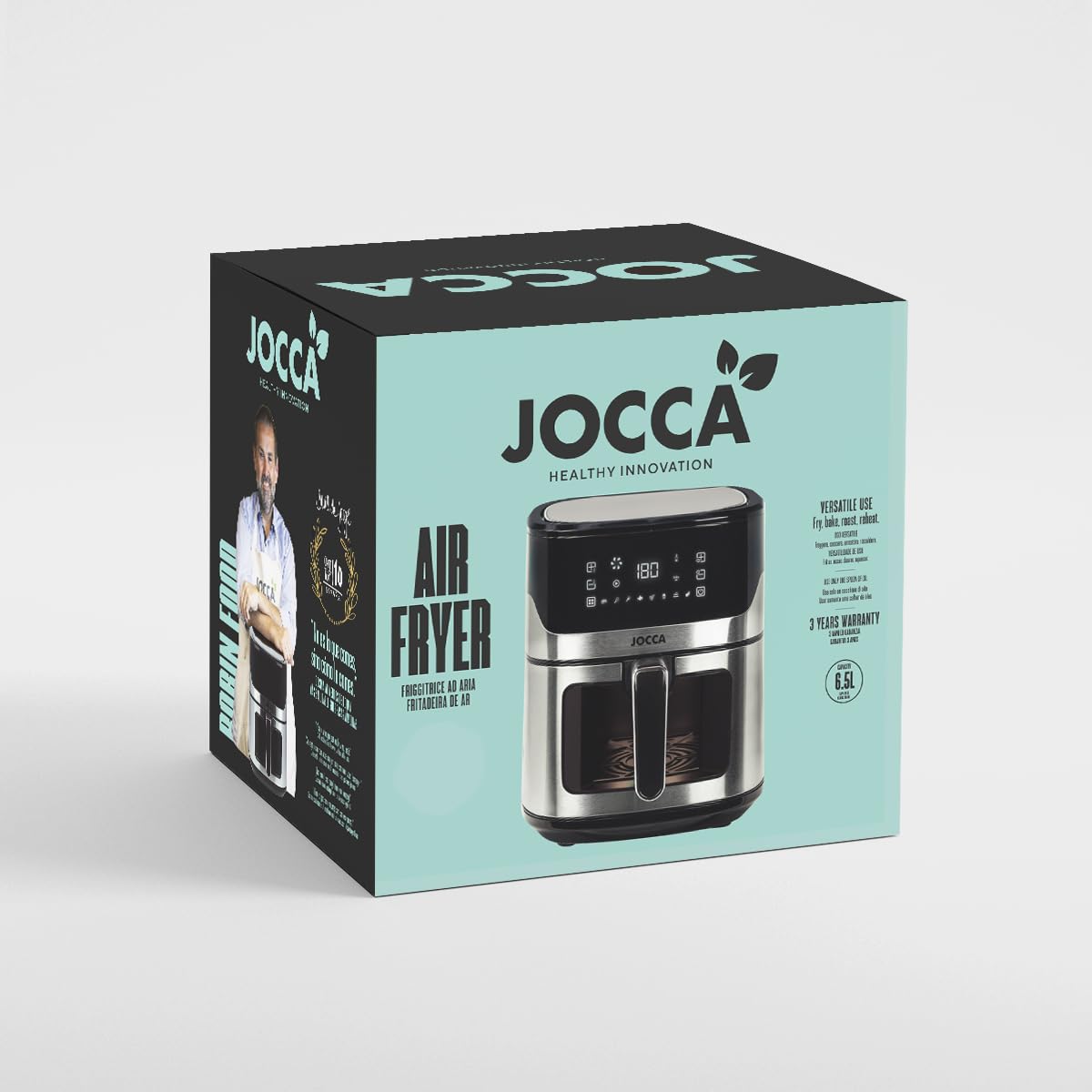 Jocca - Frytkownica na gorące powietrze 3,8L | Frytkownica bezolejowa | Zdrowa kuchnia | 1450W mocy | Ochrona przed przegrzaniem | Uchwyt z zimnym dotykiem (srebrny/czarny 6,5L)