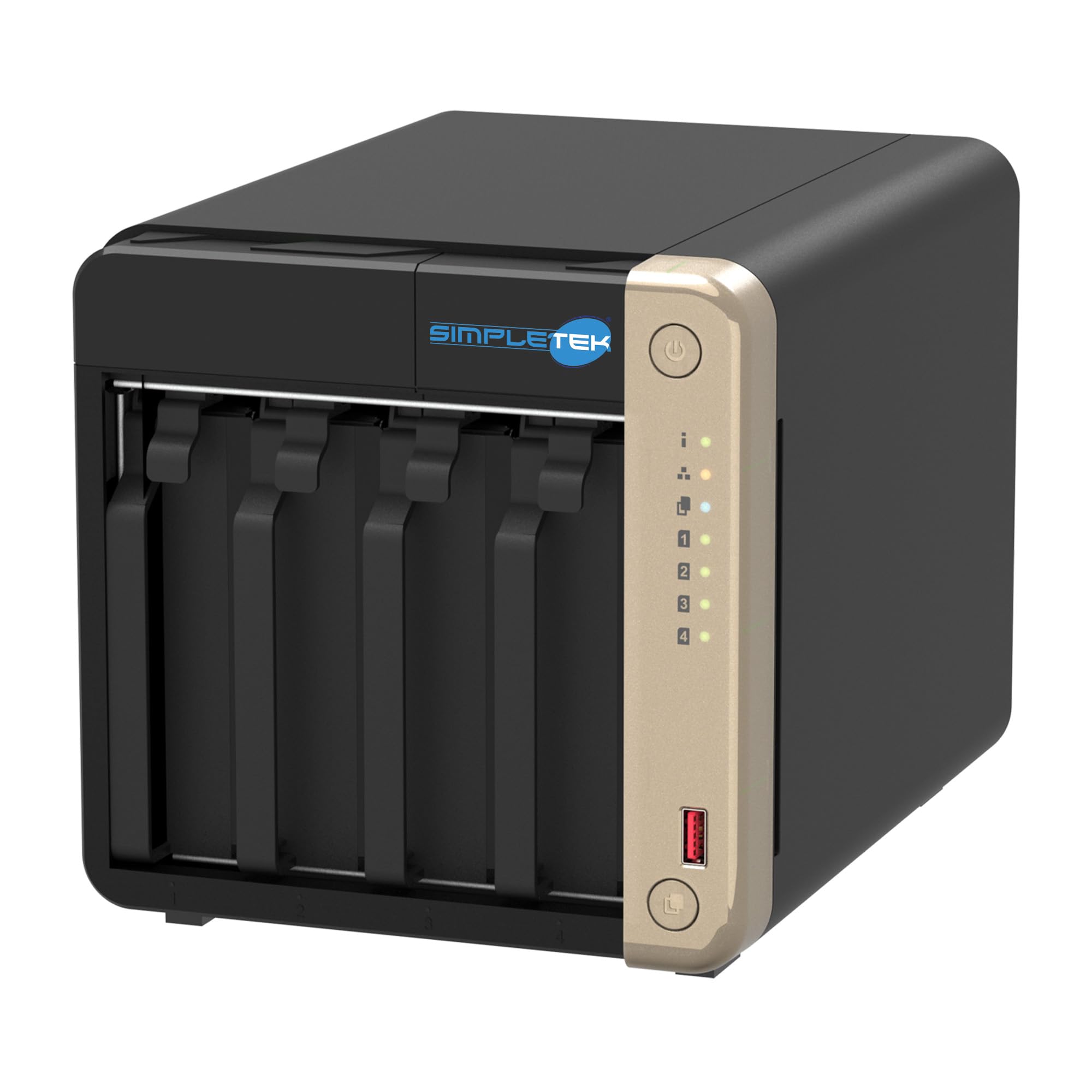 SIMPLETEK - NAS Professionale a 4 Vani - 4x SSD 480GB - Quad-Core 2.0GHz - 8GB RAM (Max 16GB) - 2 Slot M.2 NVMe - Slot PCIe - 2.5GbE - HDMI