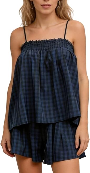 Women Gingham 2 Piece Pajama Sets Spaghetti Strap Peplum Babydoll Cami Top Wide Leg Shorts Outfits Summer Sleepwear