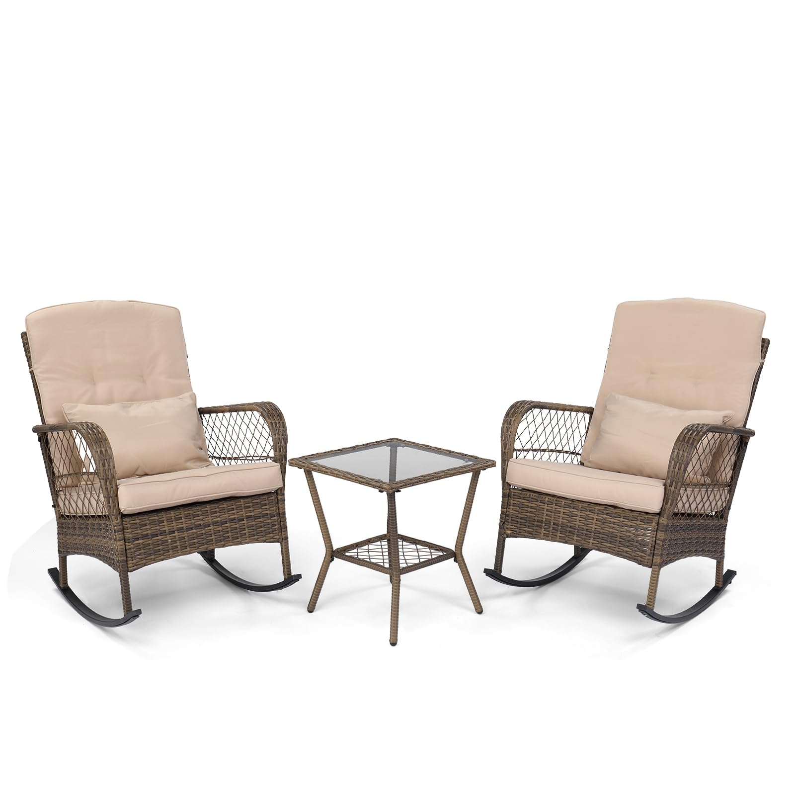 LEADZM Gartenmöbel Set für 2 Personen，Polyrattan Balkonmöbel 3-teiliges Set, Wetterfest, Komfortabel & Lässig, 2 Schaukelstühle & Tisch, für Garten, Balkon, Terrasse,Beige