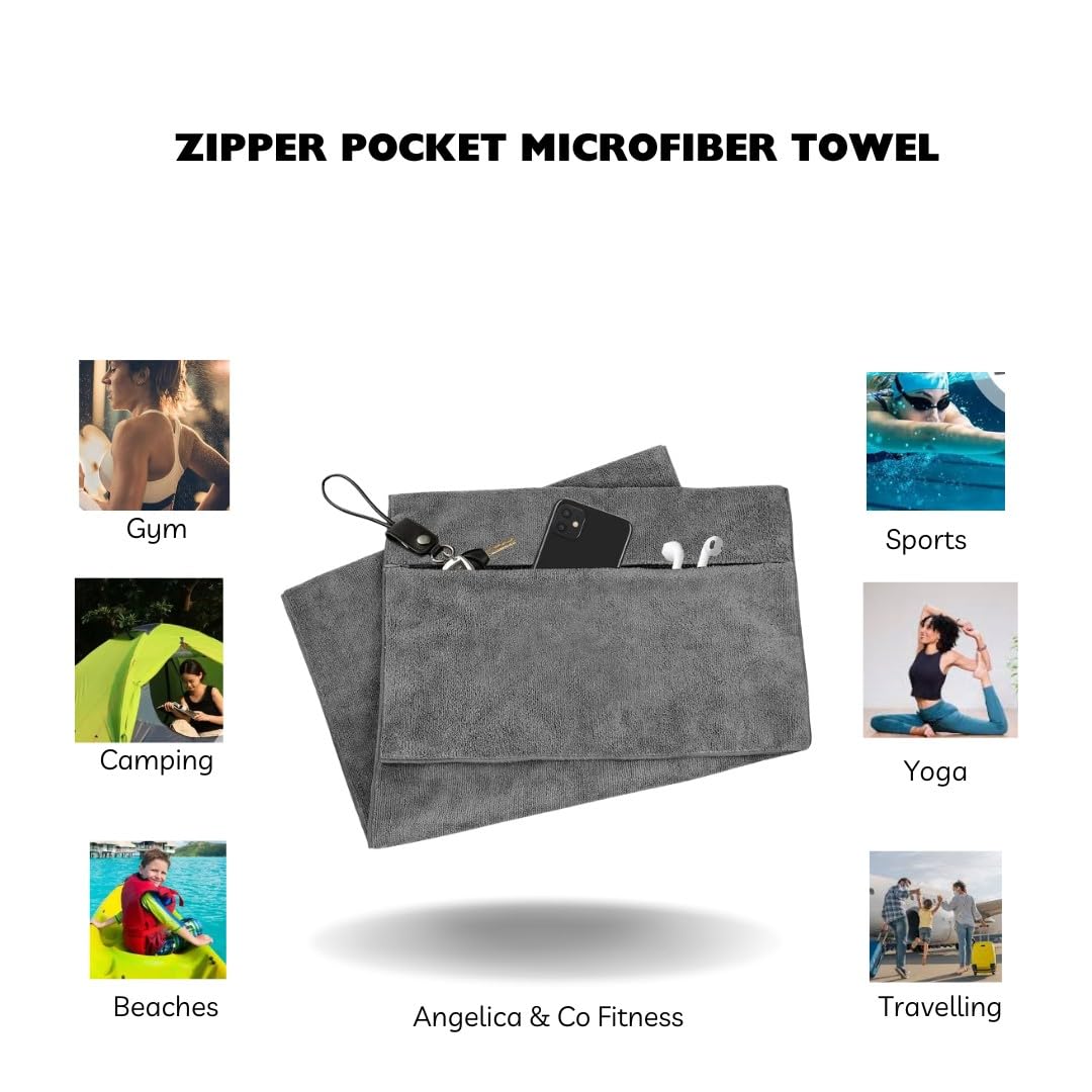 Angelica & Co Toalla de gimnasio de microfibra de secado rápido con bolsillo para teléfono, cremallera, fitness, pilates, funda para esterilla de yoga, cubierta de banco, camping, azul, L