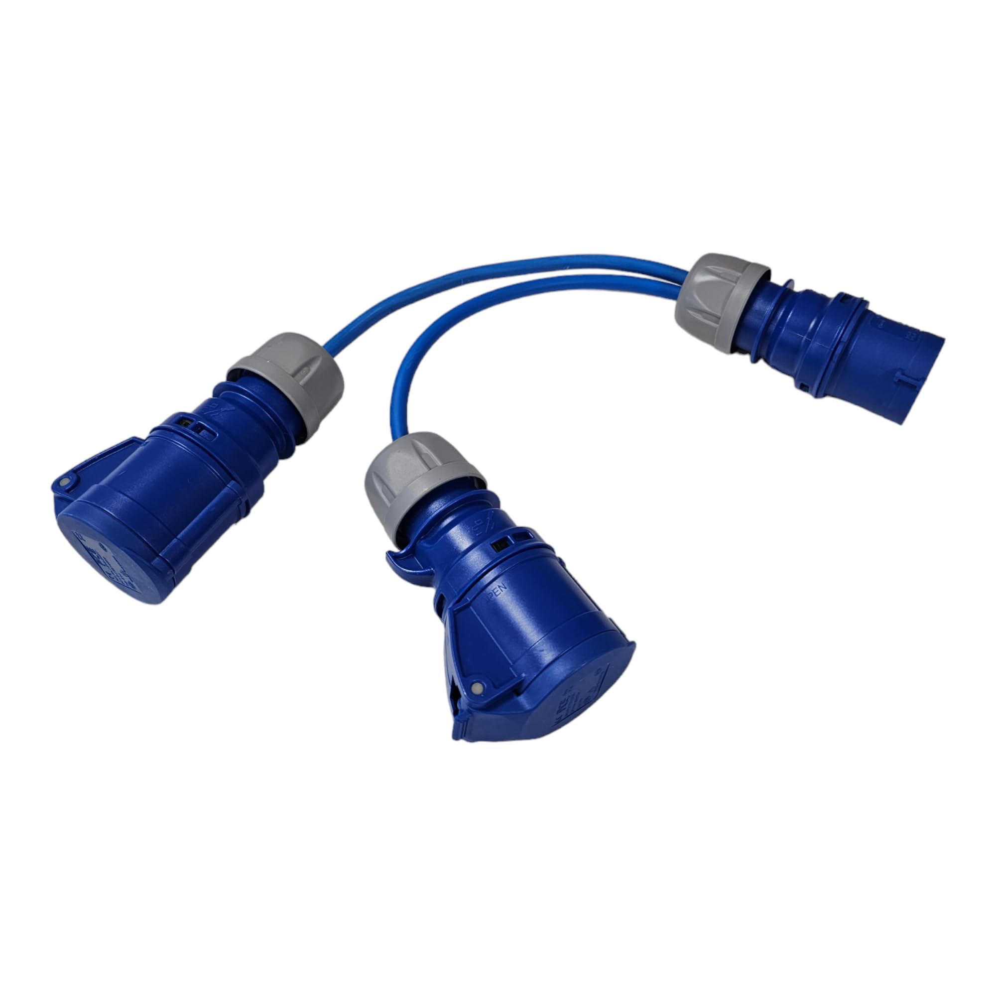 UK Made 16 Amp 230v 2-Way Splitter CEE Plug to Two 16A Socket Connectors. Caravan, Motorhome, Workshop or Event Power Hookup distro, ditribution Adapter