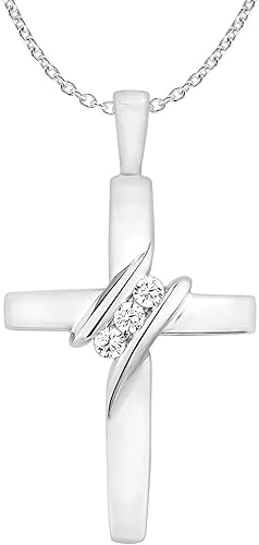 Collar con colgante de cruz de tres piedras de diamantes de 10 quilates (0.05 cttw, I-JI2-I3) de 18 pulgadas, Diamante y oro, Diamante