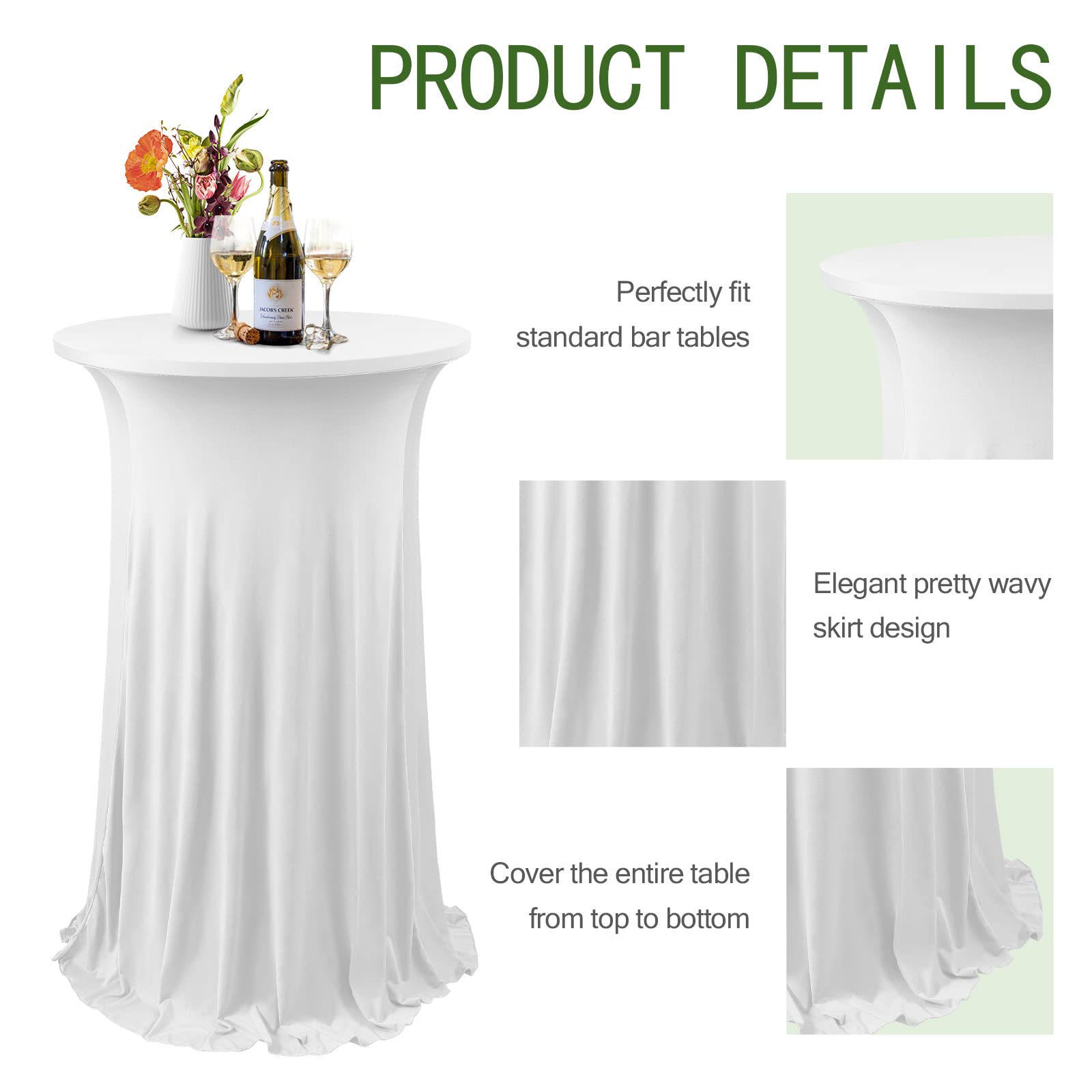 ANMINY Highboy-Spandex-Cocktail-Tischdecken mit Rüschenrock, dehnbar, für runde Tische, 81,3 cm D x 109,2 cm H, waschbar, dekorative hohe Tischdecken, Weiß, 4 Stück