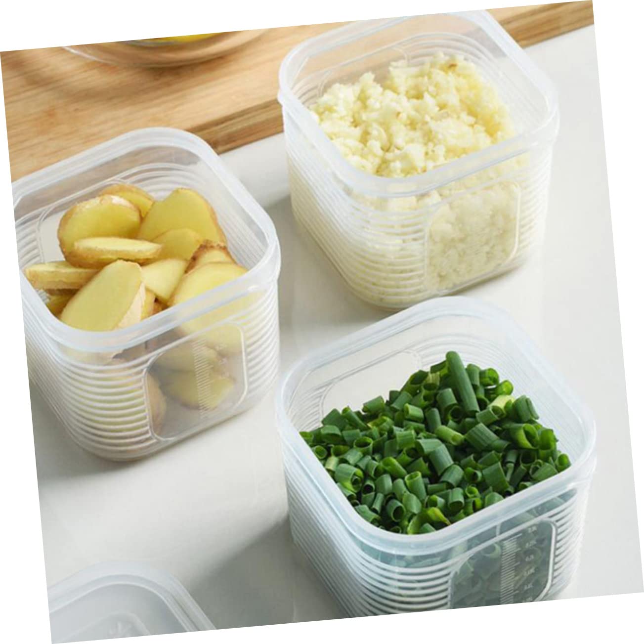 Zerodeko Set 7 Pezzi Contenitori Alimentari Quadrati in Plastica | Bianco, Coperchi Inclusi, Freezer Safe e Microonde, Struttura Visibile per Frutta e Verdura