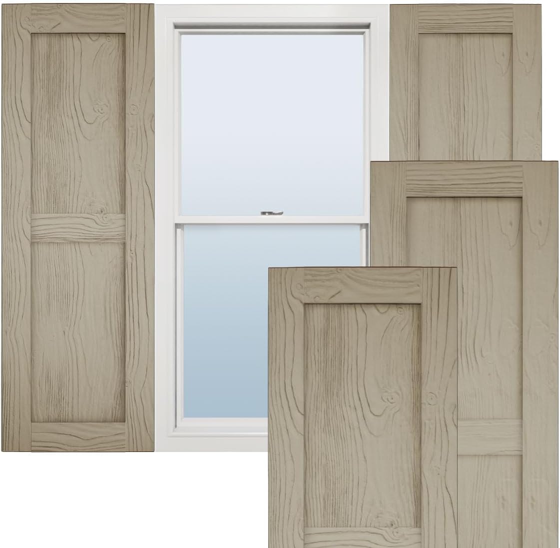 Ekena Millwork 12"W x 72"H Rustic Two Equal Panel Flat Panel Sandblasted Faux Wood Shutters (Per Pair), Primed Tan