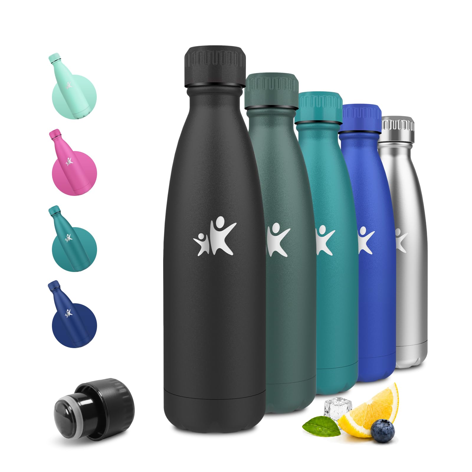 JAPORIA Thermal Bottle, 500 ml, Stainless Steel Water Bottle, Double-Walled Vacuum Flask, Leakless Thermos, Children's Water Bottle for Sports, School, Gym, Travel, Office - Black