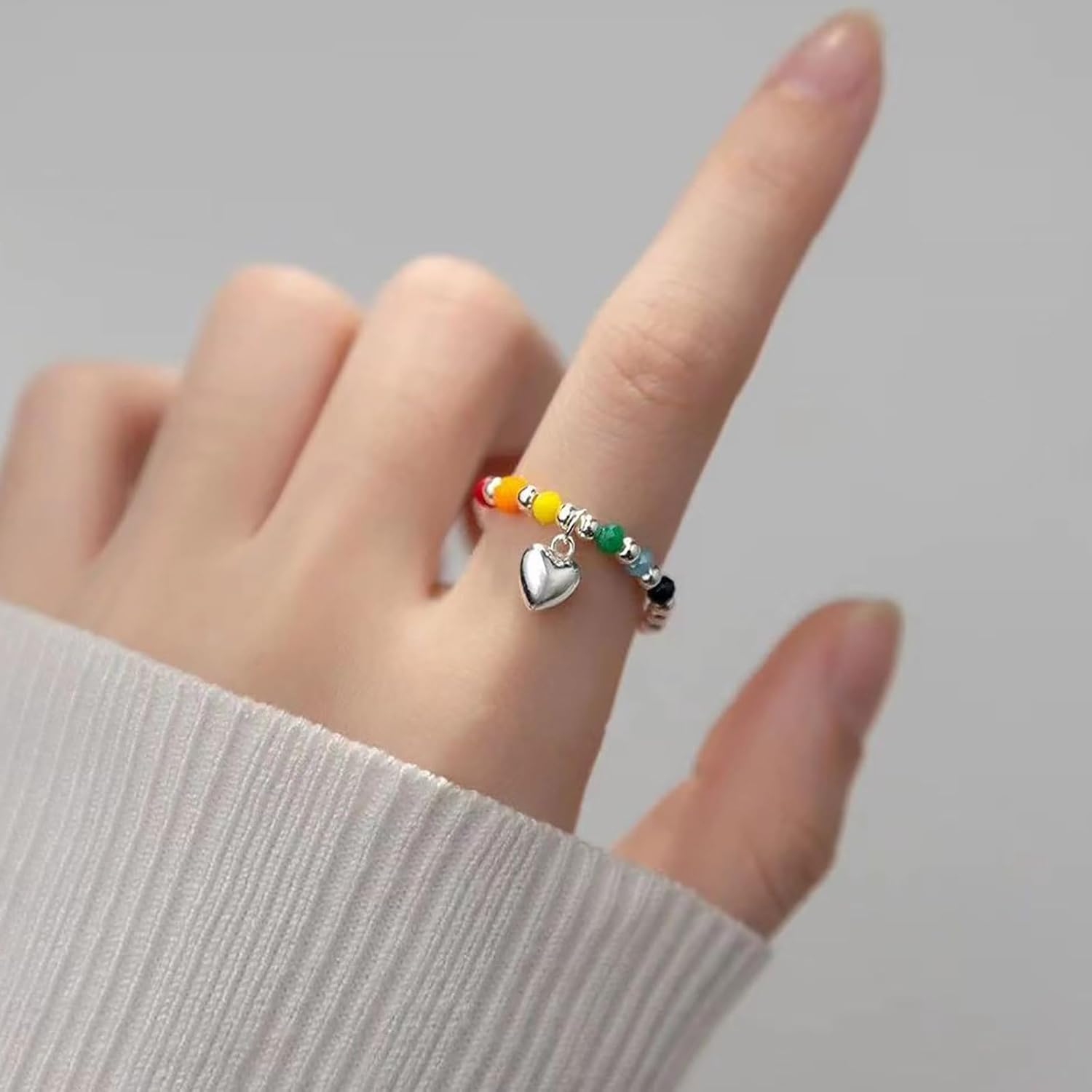 Boho Love Heart Ring Crystal Bead Stretch Ring Beaded Stackable Ring Silver Bead Elastic Finger Ring Rainbow Bead Elastic Ring Handmade Stacking Ring Jewelry for Women - Image 2