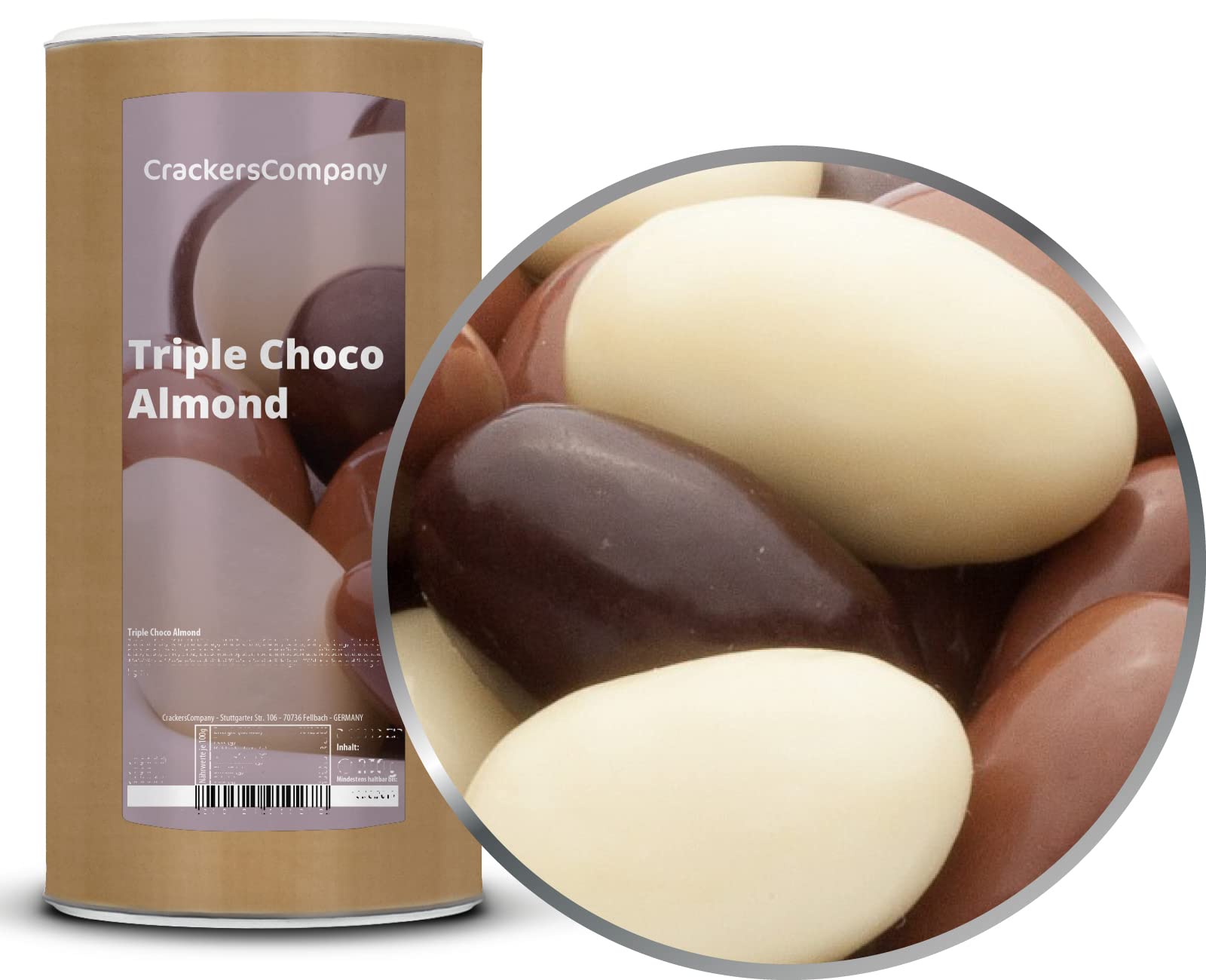 1 x 850 g migdałów w trzech rodzajach czekolady, trójczęściowa kompozycja migdałów w czekoladzie z białą gorzką i mleczną czekoladą, wegetariańska