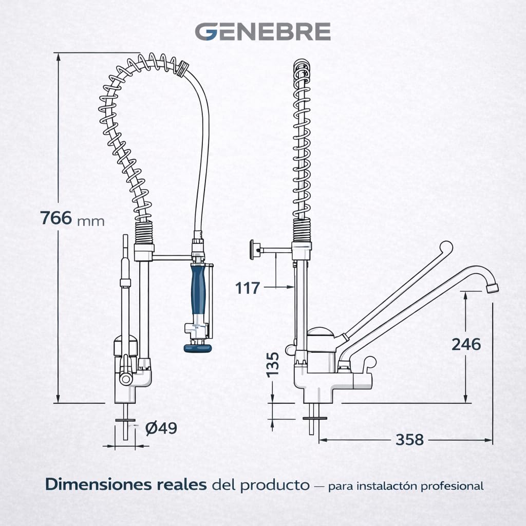 Genebre - Grifo Columna Prelavado Profesional 1803 04 | Grifo Industrial Monomando con Ducha Extraíble y Maneta Médica | Cocina Profesional, Hostelería, AISI 304 Inoxidable