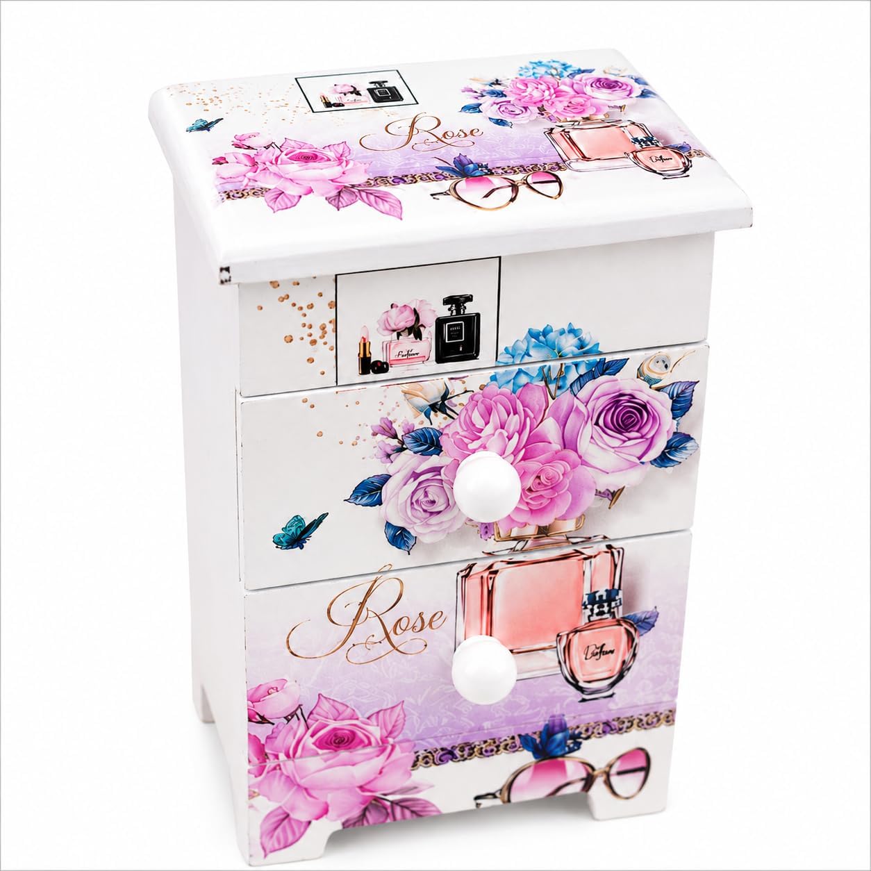 Wooden Jewelry Organizer Box with Built-in Mirror & 2 Storage Drawers | Floral Printed Jewellery Storage Cabinet for Rings, Earrings, Necklaces, Bracelets & Makeup Accessories (Multicolour-1)