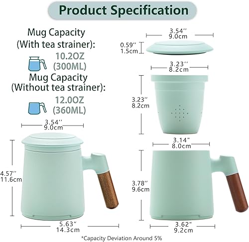 Vista 20 de ZENS Taza de té con infusor y tapa para remojar hojas sueltas, taza infusor de té de cerámica en relieve de 16.9 onzas, difusor de té con mango