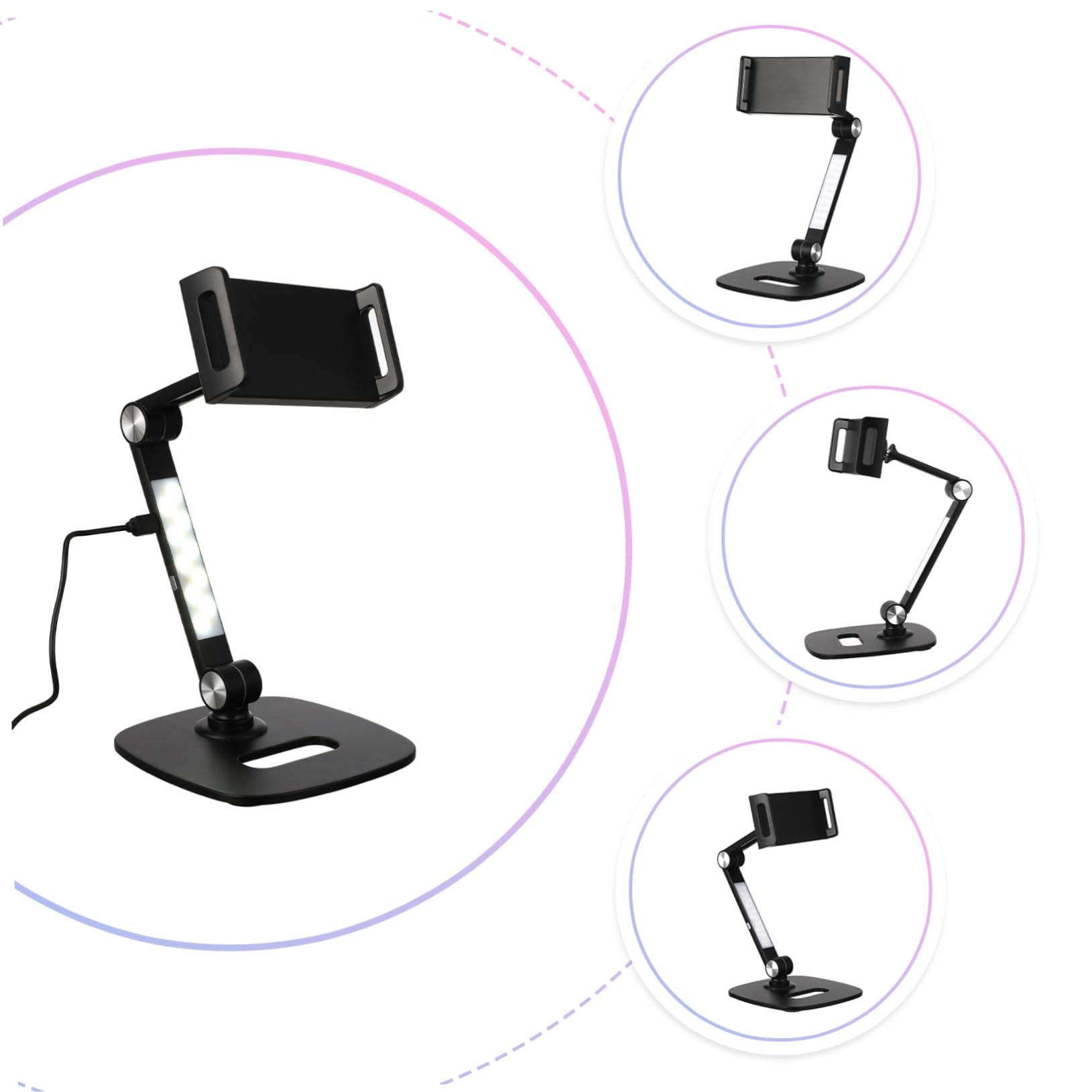 Housoutil Supporto Tablet in Alluminio Nero Regolabile Rotazione 360° | Base da Tavolo Testa Sferica e Doppio Asse, Struttura Pieghevole, LED Incluso