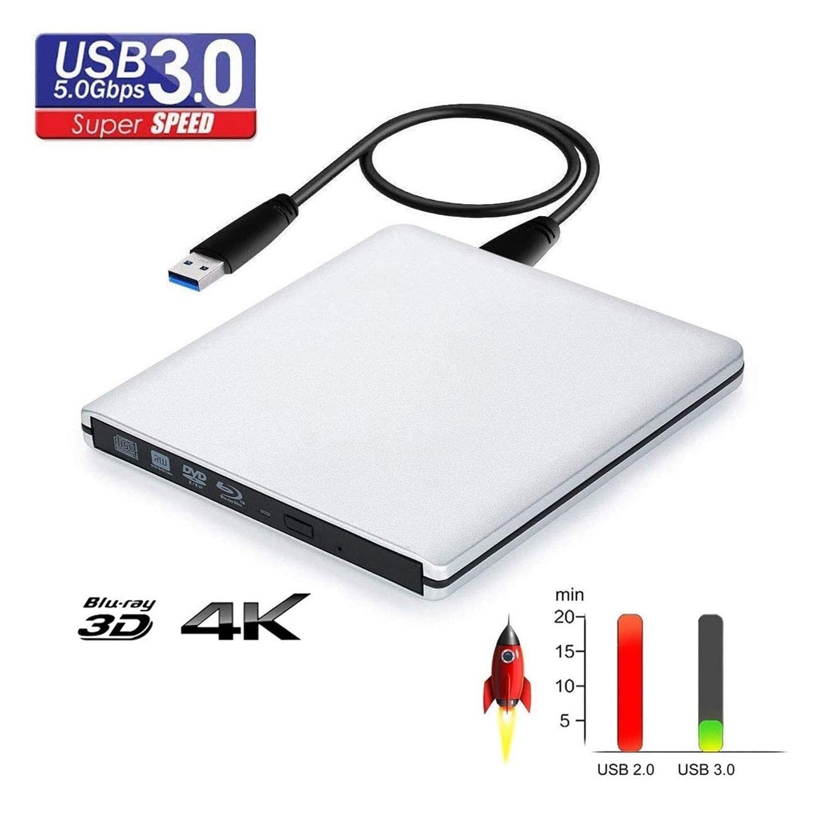 Ultracienki Zewnętrzny Napęd Optyczny Z Nagrywarką Blu-Ray 4K, USB 3.0, Odtwarzaniem DVD, Nagrywarką CD/DVD Blu-Ray R/W 3D