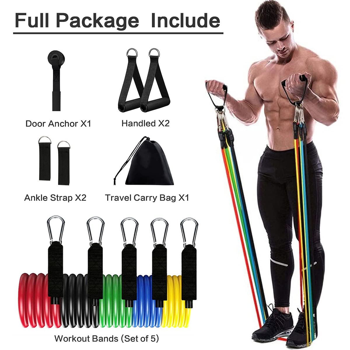 Widerstandsbänder Set (11 Stück), Übungsbänder Männer & Frauen Fitnessbänder mit Türanker, Griffen, Tragetasche, Beine, Knöchelriemen für Widerstandstraining, Physiotherapie, Yoga