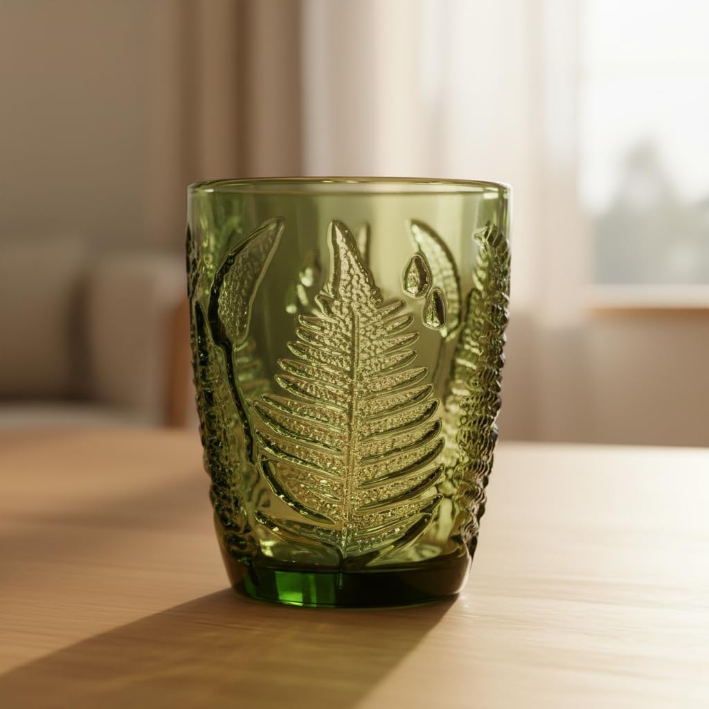 Vintage Green Drinking Glasses Set of 4, 10 oz Deep Textured Glass Cups, Fern Embossed Retro Glassware, Hand-Pressed Decorative Cocktail Tumblers, Boho Style Colored Drinkware Gift Set for Home & Bar - Image 2