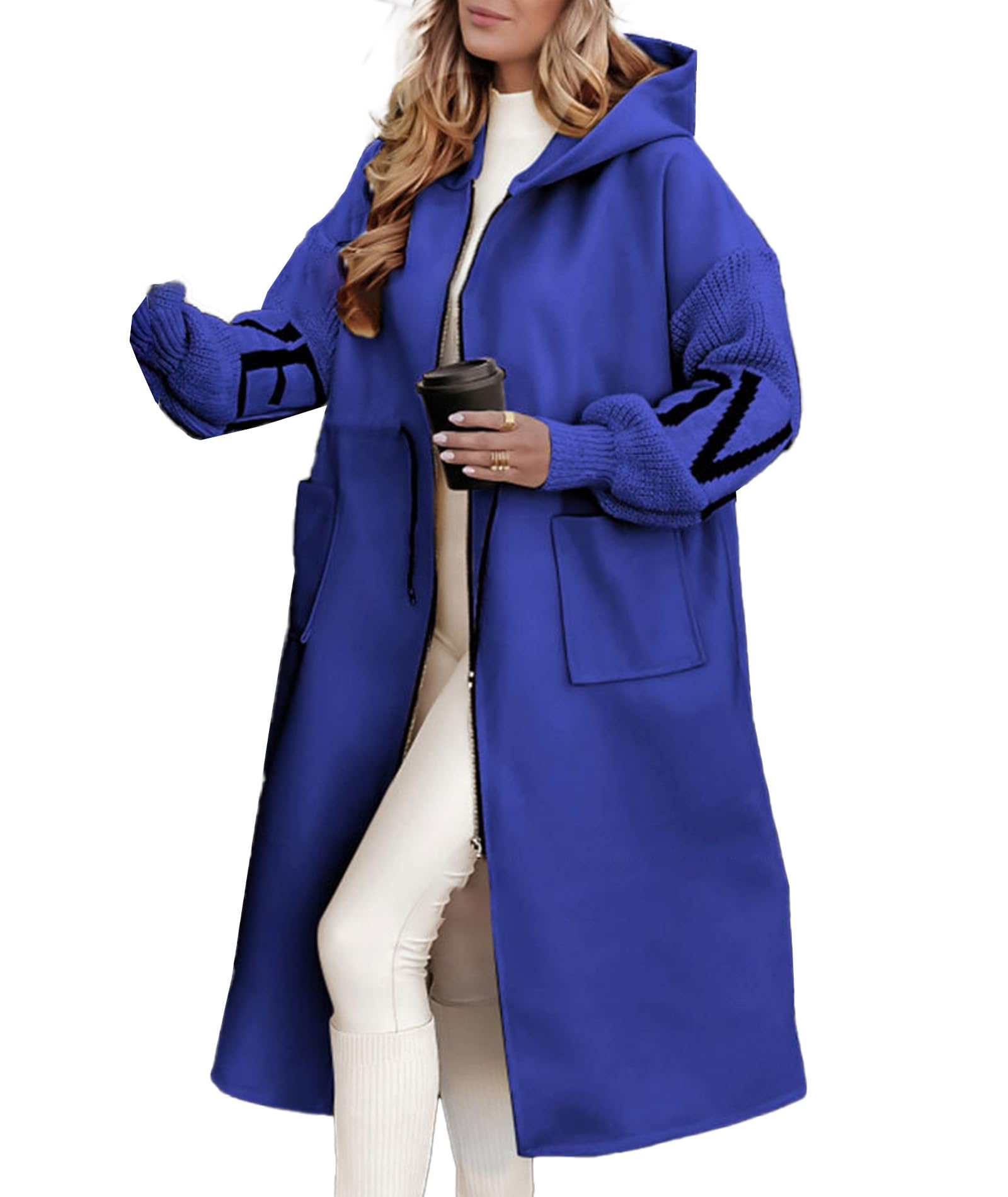 SOMTHRON Women's Hooded Trench Coat Knitted Long Sleeve Zip Up Oversized Jacket Casual Drawstring Waist Overcoat