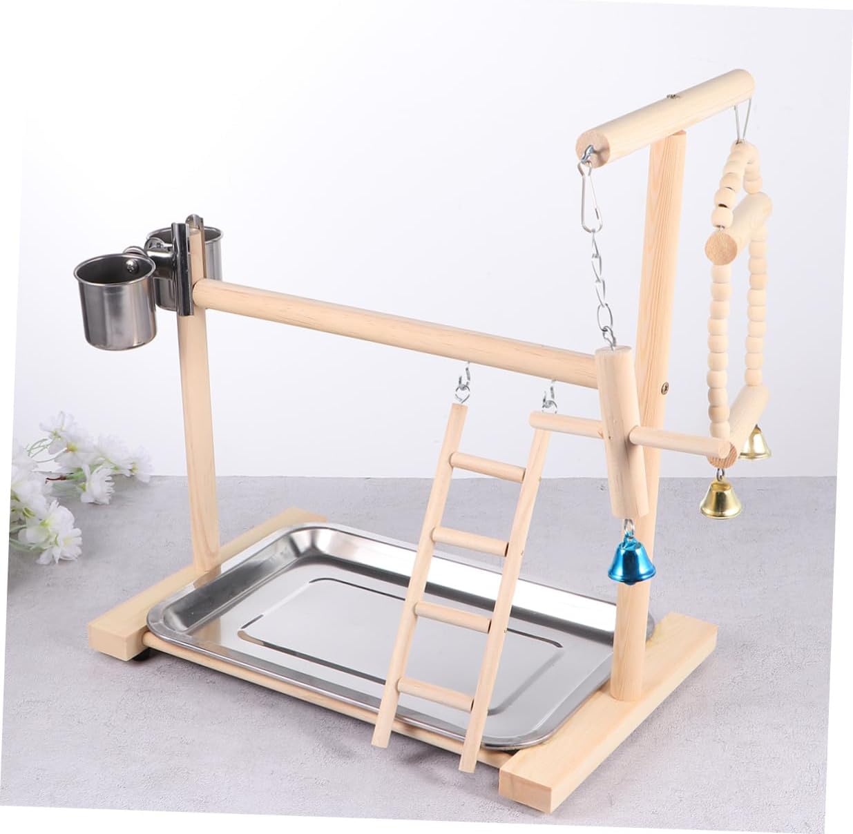 Wooden Parrot Stand with Hanging Swing Parrot Hanging Bird Playstand for Parakeets and Small Birds Cage Accessory Random Color