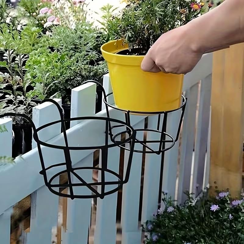 HAPPYMATES Round Metal Hanging Flower Pot Stand For Railing planters, Gamla stand Pot Holder for Balcony decoration items outdoor, Plant stands for balcony, Flower pot stand indoor (Set of 5)