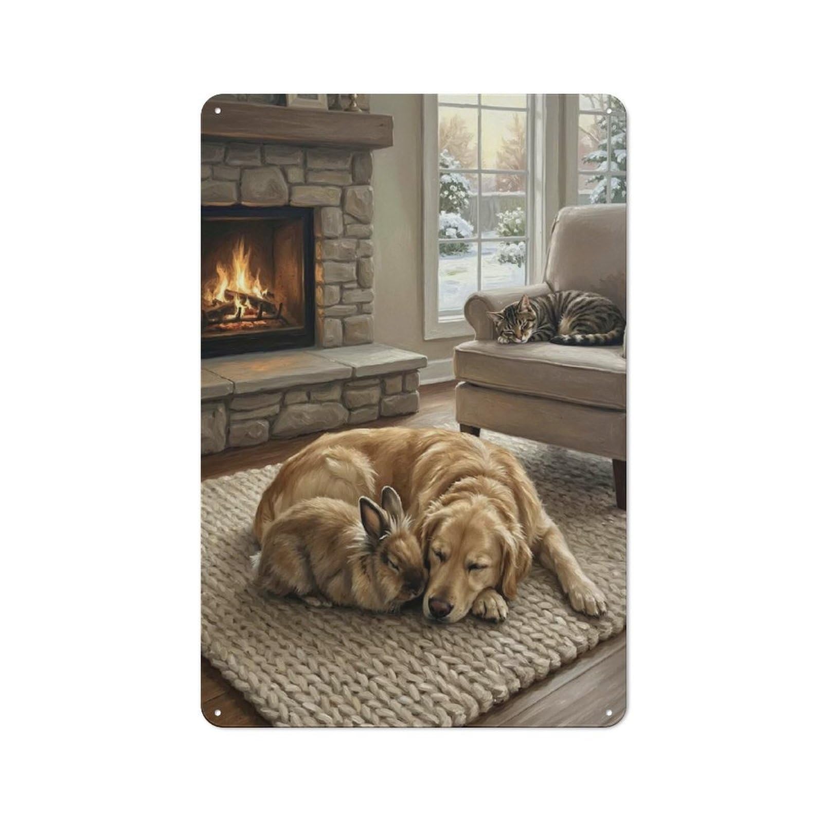 Junmoney Style-19 Cozy Animals By Fireplace Clean Industrial Metal Wall Decor 30X20cm, Decorative Metal Plaque For Workspace, Cafe, Hallway Or Garage