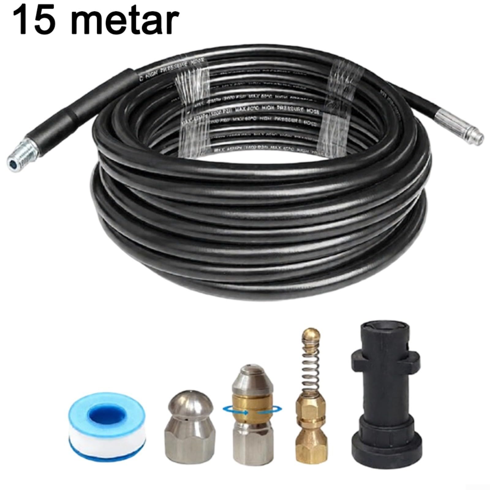 Kit de limpieza de manguera de drenaje de alta presión para Karcher K1-K5 con 3 boquillas y conector para desatascar tubos de drenaje al aire libre (15 m)