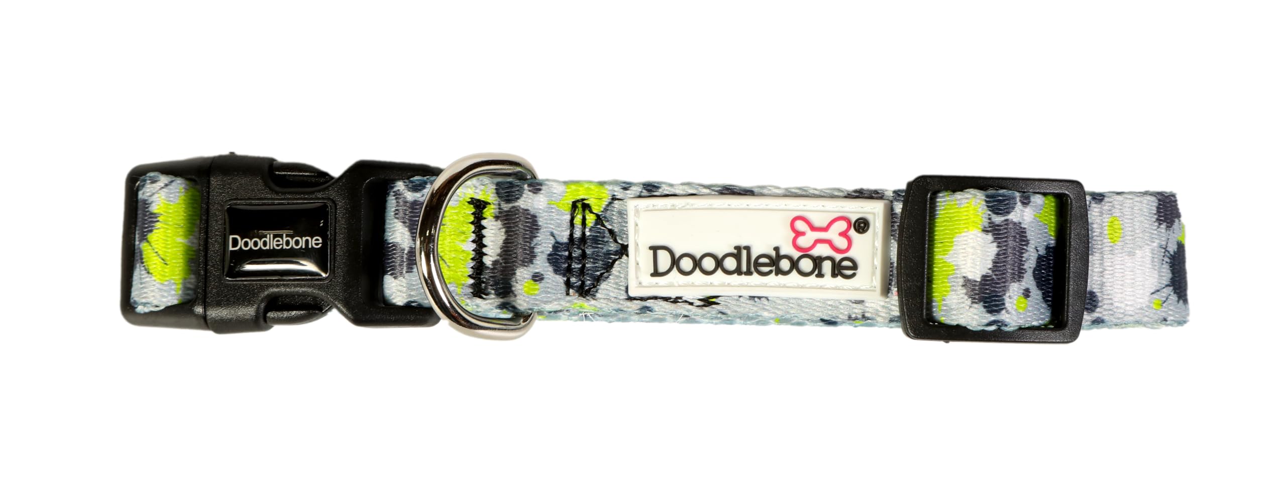 Doodlebone – Dog Collar – Adjustable Strong Collar with Secure D Ring, Strength Tested Components & Machine Washable Design for Everyday Walkies – Size 1-2, 22-30cm - Neon Paint Splat